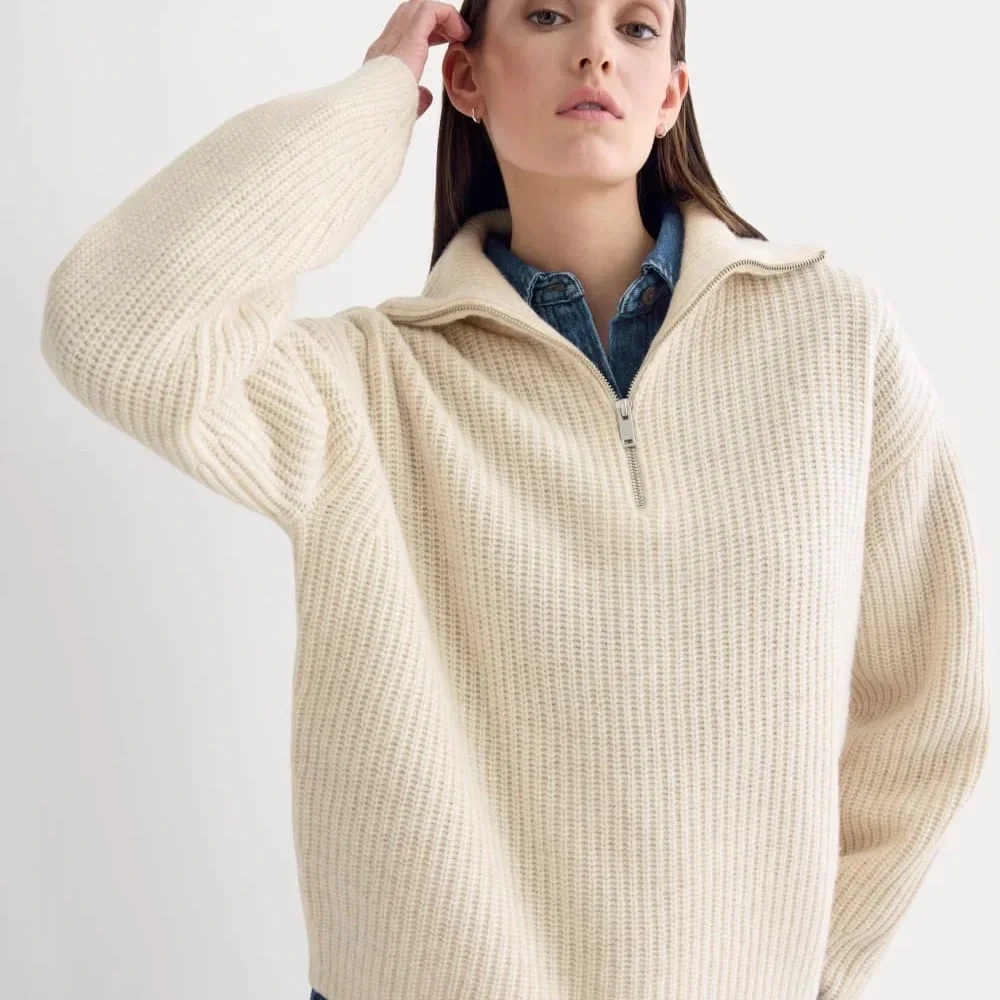 Everlane heathered oat THE HALF-ZIP SWEATER IN LUXE MERINO - Picture 1 of 6